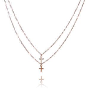 Little Double Chros – halsband i 18 karat roseguld förgyllt silver med zirkonia stenar i kors 42-45 cm