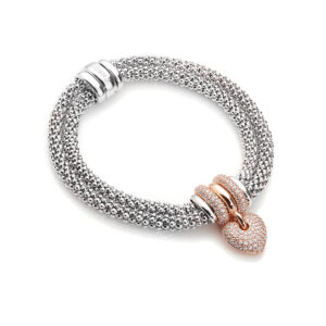 Love Actually – armbånd i rhodineret sølv med rosaforgyldt hjerte og mikroindfattede zikonia sten 18,5 cm